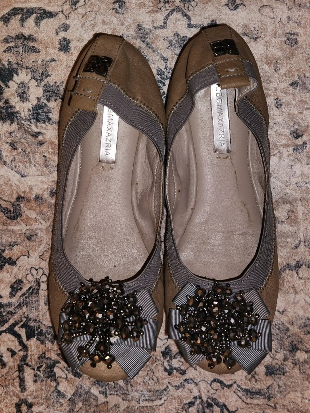 BCBGMaxAzria leather flats tan with gray ribbon Ma-Betsy